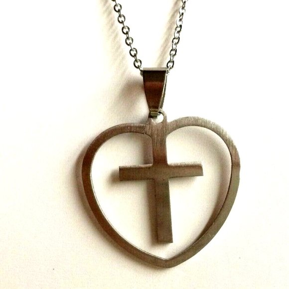 Sacred Heart Cross Necklace 24" Silver Stainless Steel Catholic Christian Gift - Picture 11 of 12